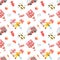 Watercolor seamless pattern with fire engine, fireman, fire station on a white background