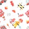 Watercolor seamless pattern with fire engine, fireman, fire station on white background