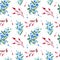 Watercolor seamless pattern with floral branches, dogrose berries and blue flowers