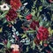 Watercolor seamless pattern. Floral geometric illustration - burgundy flowers bouquet with gold geometric shapes on navy