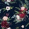 Watercolor seamless pattern. Floral illustration - burgundy, pink, blush flowers bouquets on navy background with paint splashes