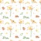 Watercolor seamless pattern with flower, insects, ladybug, caterpillars, butterfly, grasshopper on white background