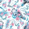 Watercolor seamless pattern with flowers and cats