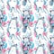 Watercolor seamless pattern with flowers and cats