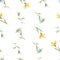 Watercolor seamless pattern with flowers, chamomile, leaves, garden fairy