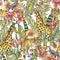 Watercolor Seamless Pattern with flowers of orchids, monstera, p