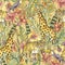 Watercolor Seamless Pattern with flowers of orchids, monstera, p