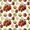 Watercolor seamless pattern with flowers, ripe fruits, branches and leaves of a kiwi tree