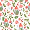 Watercolor seamless pattern with fly agarics, leaves and gnomes.