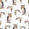 Watercolor seamless pattern with flying and sitting owls