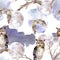 Watercolor seamless pattern with flying and sitting owls and branches.