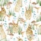 Watercolor seamless pattern forest animal. Cute baby illustration with rabbit, green grass, mushroom for the textile fabric.