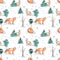 Watercolor seamless pattern with forest animals in the winter forest, fox, hare, animal footprints in the snow on a white