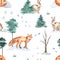 Watercolor seamless pattern with forest animals in the winter forest, fox, hare, animal footprints in the snow on a white