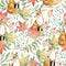 Watercolor seamless pattern with forest cute foxes, green and fall leaves, plants and branches. Autumn nature floral