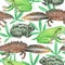 Watercolor seamless pattern with frogs and newts