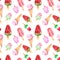 Watercolor seamless pattern with fruit popsicles and ice cream, isolated on white background. Summer bright dessert print