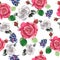 Watercolor seamless pattern with garden flowers flowers. Drawn roses, camellias and hyacinths. Texture for scrapbooking, wrapping
