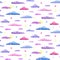 Watercolor seamless pattern of gentle purple pink and blue clouds. pastel clouds with stars crescent and full moon on white