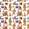 Watercolor seamless pattern. Gingerbread men with christmas gifts on white background