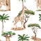 Watercolor seamless pattern with giraffe family, palm, acacia tree, baobab, savanna