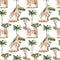 Watercolor seamless pattern with giraffe family, palm, acacia tree, baobab, savanna on white background