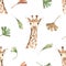 Watercolor seamless pattern with giraffe head, tropical leaves, savanna