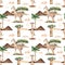Watercolor seamless pattern with giraffes in the savanna on the background of mountains, palm trees, acacia, baobab on a white bac