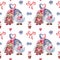 Watercolor seamless pattern with gnomes and decorations for Valentine's day. Scandinavian gnomes pattern for Valentine's