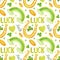 Watercolor seamless pattern with gold horseshoe and coins, text, clover on a white background for St. Patrick's Day
