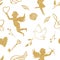 Watercolor seamless pattern with golden angels, hearts, birds, wings.