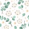Watercolor seamless pattern - golden eucalyptus, cotton, stars and polka dots. Magic greenery background. Christmas or birthday