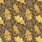 Watercolor seamless pattern golden oak leaves with acorn. Dark background