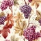 watercolor seamless pattern with grapes with leaves on the vine on white background