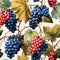 watercolor seamless pattern with grapes with leaves on the vine on white background