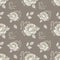 Watercolor seamless pattern of gray flowers with gold elements on a beige background.