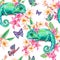 Watercolor seamless pattern with green chameleon