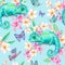 Watercolor seamless pattern with green chameleon