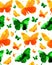 Watercolor seamless pattern green and yellow silhouettes of butterflies