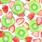 Watercolor seamless pattern. Hand drawn fruits and berries illustration. Isolated on white background. Kiwi fruit and strawberries