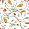 Watercolor seamless pattern with hand drawn traditional Japanese sweets. Taiyaki, mitarashi dango, mochi. Isolated on