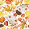 Watercolor seamless pattern with hand drawn traditional Japanese sweets. Wagashi, mochi, autumn maple leaves. Isolated