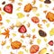 Watercolor seamless pattern with hand drawn traditional Japanese sweets. Wagashi, mochi, autumn maple leaves. Isolated