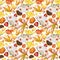 Watercolor seamless pattern with hand drawn traditional Japanese sweets. Wagashi, mochi, autumn maple leaves. Isolated