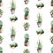 Watercolor seamless pattern of hand painted house potted houseplant. green plants in flower pots. Scrapbooking paper