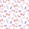 Watercolor seamless pattern with hares, butterflies and twigs of plants