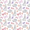 Watercolor seamless pattern with hares, butterflies and twigs of plants
