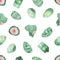 Watercolor seamless pattern with healing crystals for heart chakra tourmaline, malachite, aventurine, jade