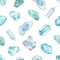 Watercolor seamless pattern with healing crystals for throat chakra aquamarine, blue topaz, turquoise, amazonite