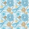 Watercolor Seamless pattern Hobby Crochet heart, bow, flower, hook, buttons on blue background. Collection of hand drawn